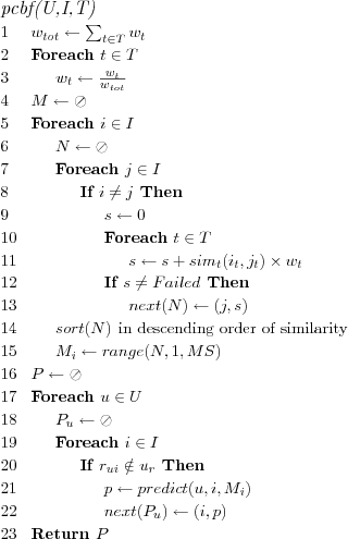 \FUNCTION{pcbf(U,I,T)}
\LINE $w_{tot} \leftarrow \sum_{t \in T} w_t$
\LINE Foreach $t \in T$
\LINE \INDENT $w_t \leftarrow \frac{w_t}{w_{tot}}$
\LINE $M \leftarrow \oslash$
\LINE Foreach $i \in I$
\LINE \INDENT $N \leftarrow \oslash$
\LINE \INDENT Foreach $j \in I$
\LINE \INDENT \INDENT If $i \neq j$ Then
\LINE \INDENT \INDENT \INDENT $s \leftarrow 0$
\LINE \INDENT \INDENT \INDENT Foreach $t \in T$
\LINE \INDENT \INDENT \INDENT \INDENT $s \leftarrow s + sim_t(i_t,j_t) \times w_t$
\LINE \INDENT \INDENT \INDENT If $s \neq Failed$ Then
\LINE \INDENT \INDENT \INDENT \INDENT $next(N) \leftarrow (j,s)$
\LINE \INDENT $sort(N)$ \COMMENT{in descending order of similarity}
\LINE \INDENT $M_i \leftarrow range(N,1,MS)$
\LINE $P \leftarrow \oslash$
\LINE Foreach $u \in U$
\LINE \INDENT $P_u \leftarrow \oslash$
\LINE \INDENT Foreach $i \in I$
\LINE \INDENT \INDENT If $r_{ui} \notin u_r$ Then
\LINE \INDENT \INDENT \INDENT $p \leftarrow predict(u,i,M_i)$
\LINE \INDENT \INDENT \INDENT $next(P_u) \leftarrow (i,p)$
\LINE Return $P$

